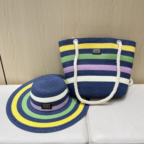 replica,schuhe,beste,kaufen,1:1,besten,seiten,Replik,turnschuhe,sneakers Zweiteiliges Sommerset aus gestreiftem Strohhut mit großer Krempe von Prada und Strohbeutel