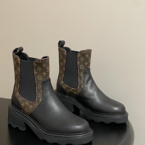 replica,schuhe,beste,kaufen,1:1,besten,seiten,Replik,turnschuhe,sneakers Louis Vuitton LV BEAUBOURG Chelsea-Stiefeletten mit elastischem Schachbrettmuster und alten Blumenmustern, farblich passendem Leder mit dicker Sohle und hohem Absatz (03JAX)