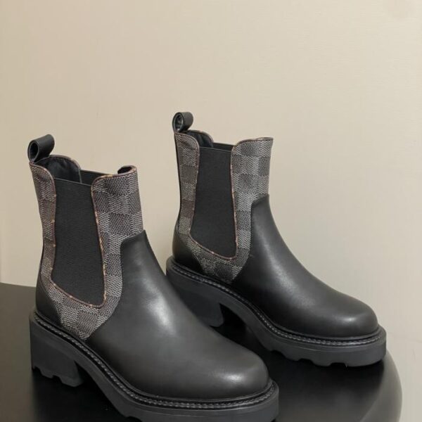 replica,schuhe,beste,kaufen,1:1,besten,seiten,Replik,turnschuhe,sneakers Louis Vuitton LV BEAUBOURG Chelsea-Stiefeletten mit elastischem Schachbrettmuster und alten Blumen, farblich passendes Leder mit dicker Sohle und hohem Absatz (85E0V)