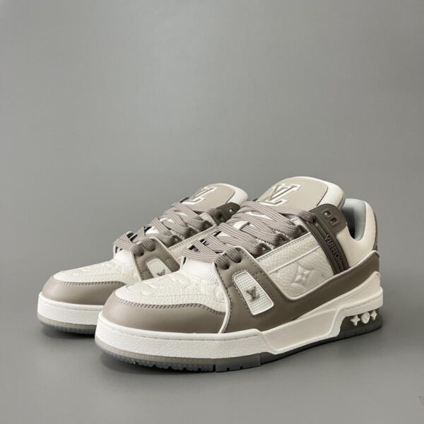 replica,schuhe,beste,kaufen,1:1,besten,seiten,Replik,turnschuhe,sneakers Louis Vuitton Trainer Low-Top-Sneaker, grau und weiß, Unisex (VC1S5)