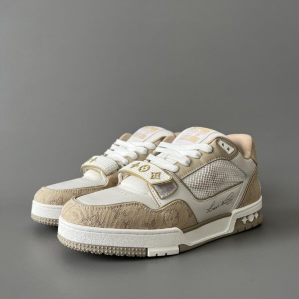 replica,schuhe,beste,kaufen,1:1,besten,seiten,Replik,turnschuhe,sneakers Louis Vuitton Trainer Low-Top Freizeit-Sneaker, Weiß/Mandelfarben, mit Klettverschluss, Unisex (CAHU6)